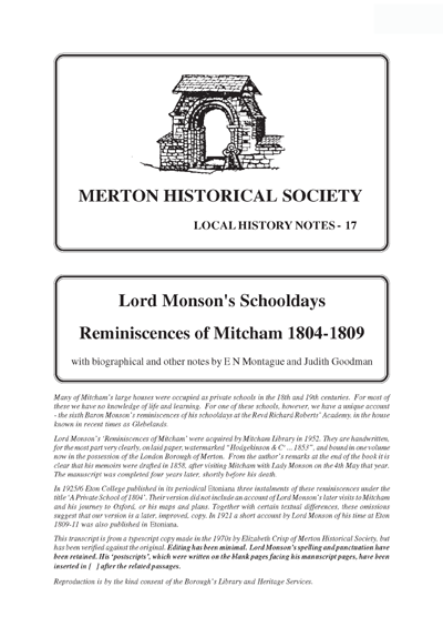 Lord Monson's Schooldays: – MERTON HISTORICAL SOCIETY