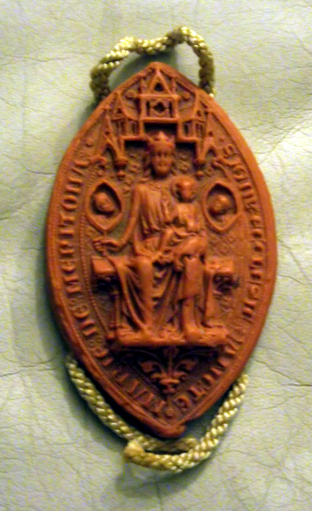 The obverse side of the seal of Merton Priory, engraved in 1241. (Replica impression of a seal at the British Museum.)