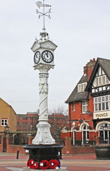 Mitcham Clock Tower, Mitcham Upper Green, Mitcham CR4. Erected in 1898 to commemorate the Diamond Jubilee of Queen Victoria, replacing the Village Pump. Moved to its current position in 1994