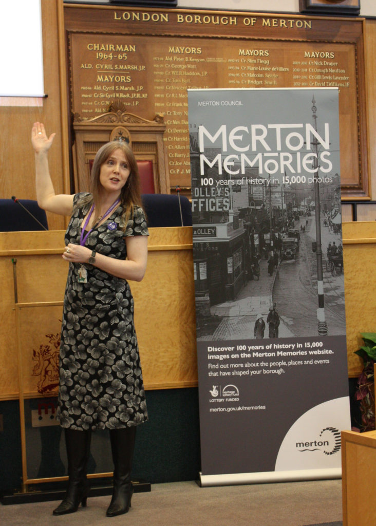 Launch of the Merton Memories project, Merton Council Chamber, Civic Centre, Crown House, London Road, Morden SM4. Sarah Gould, Heritage and Local Studies Manager. The project involved the digitisation of the Library's 10,000 heritage photos, and creating a new website to make them publicly accessible.