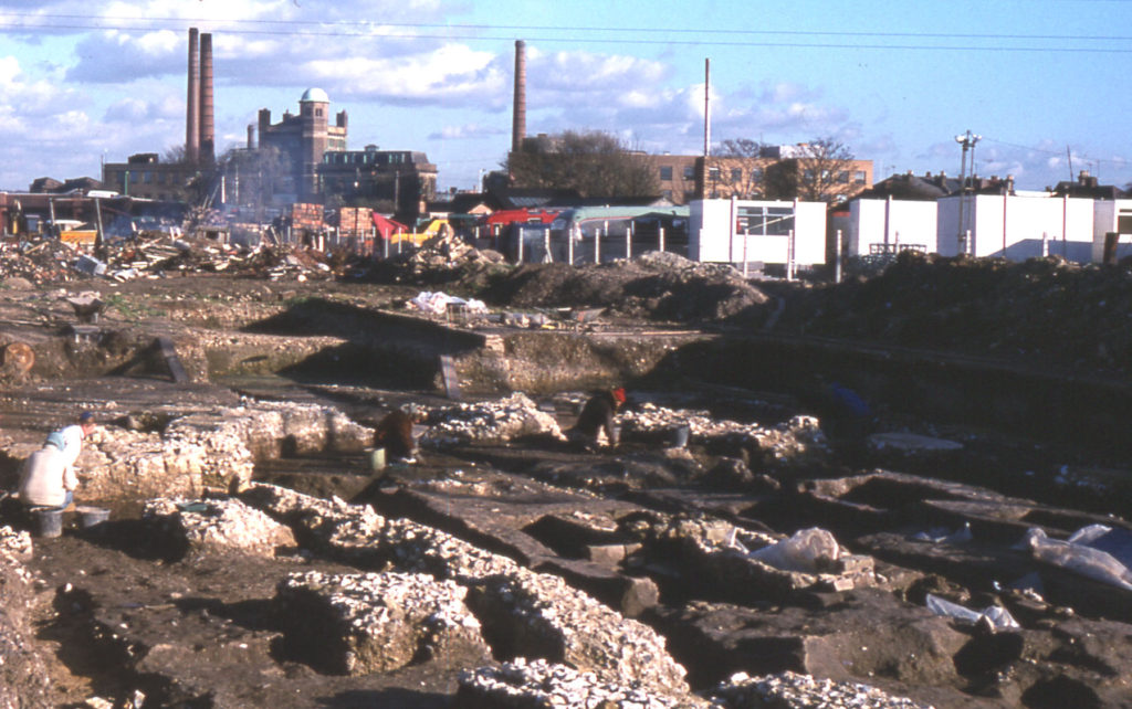 Excavation of the Chapter House of Merton Priory, Merton, London SW 19. Looking east.