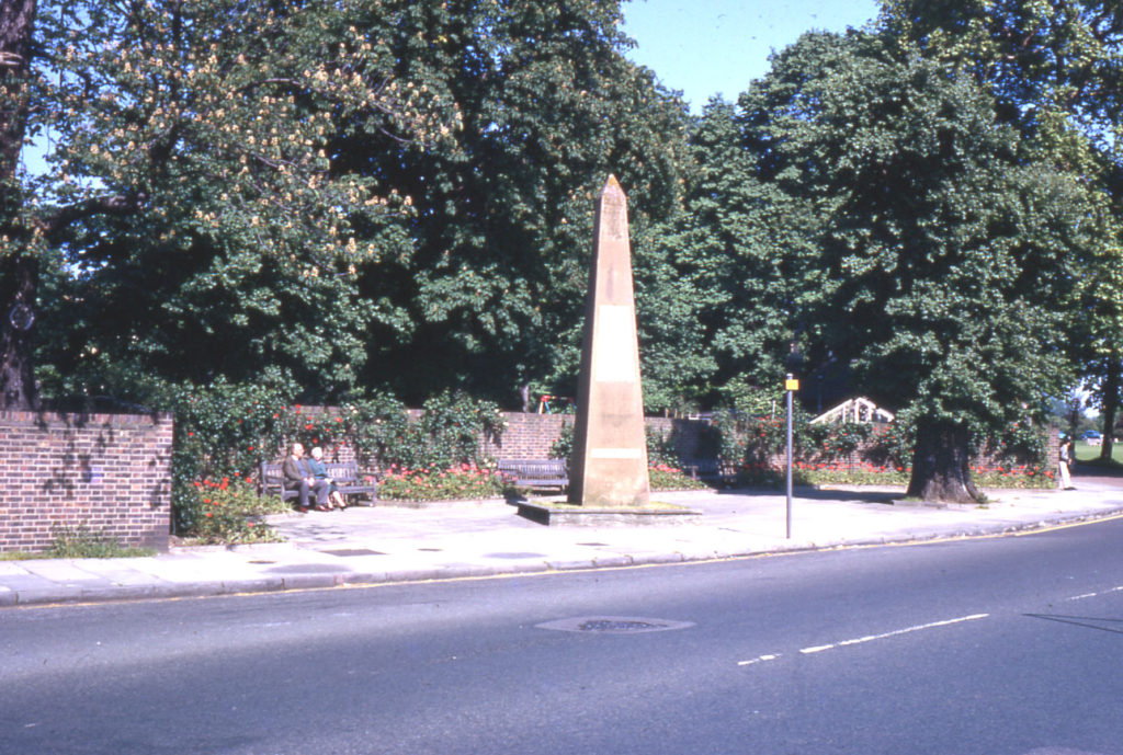 The Obelisk, Cricket Green, Mitcham, Surrey CR4. Erected by the Rev. Richard Cramer. who lived at the Canons until 1824. when he became vicar of Mitcham.