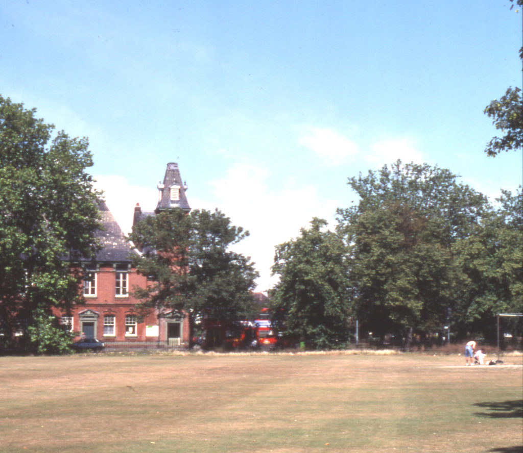 Cricket Green, Mitcham, Surrey CR4. Vestry Hall in background.