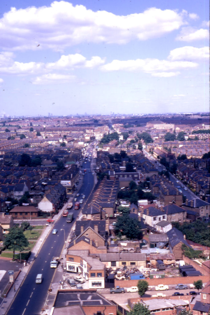 Looking north from Apex House, Colliers Wood, London SW19. Showing line of Stane Street (Colliers Wood High Street).