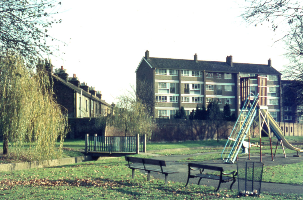 Wandle Park, Colliers Wood, London SW19. Marlborough Court behind.
