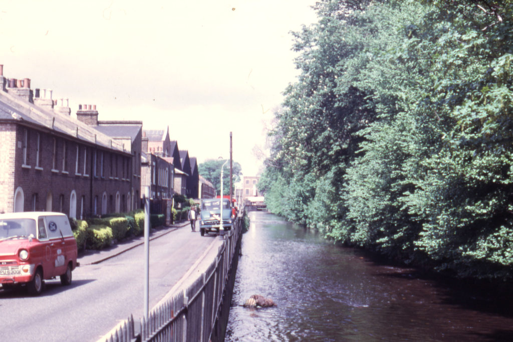 Wandle Bank (left) and Perry's Cut (River Wandle), Colliers Wood, London SW19. Perry's Cut made before 1870.