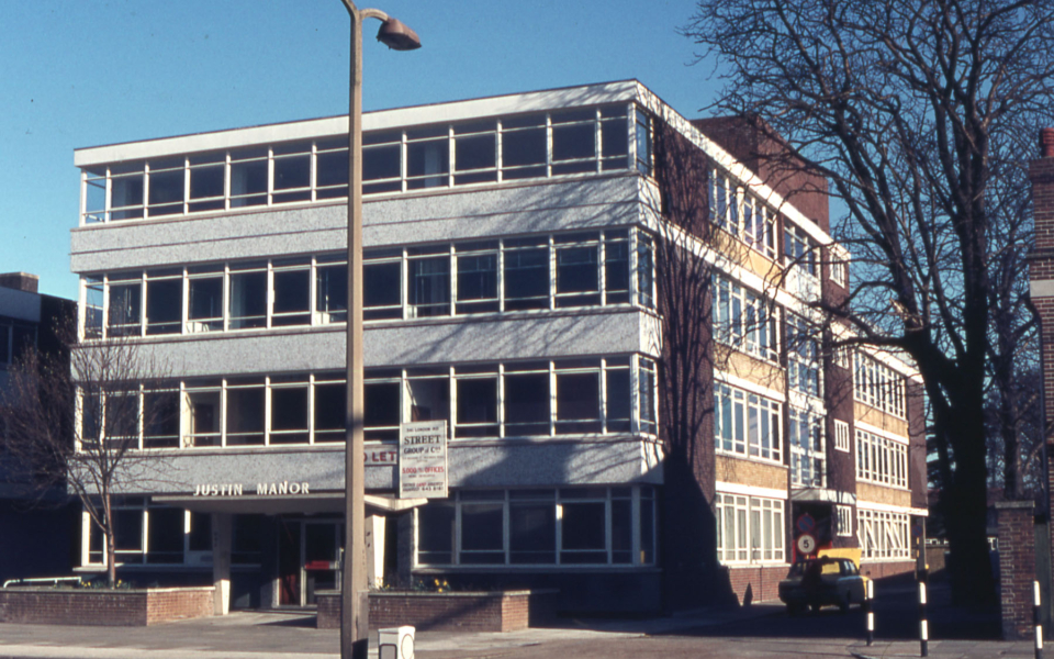 Justin Manor office block, London Road, Mitcham, Surrey CR4. Built 1970 on site of the Manor House. A third floor was added c. 1973.