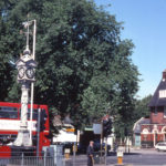 Upper Green, Mitcham, Surrey CR4. The clocktower (left) was moved in 1994 to stand in the newly-pedestrianised area on the north-eastern side of the Upper Green.