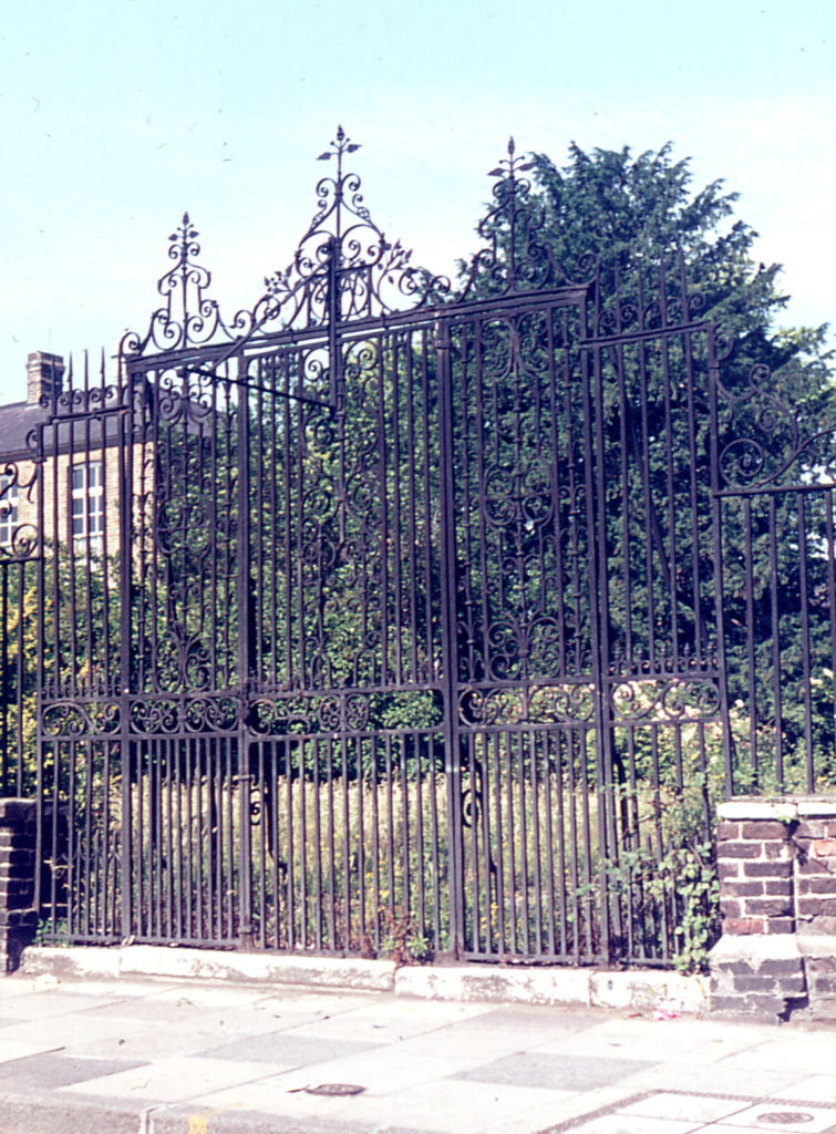 Gates of Eagle House, London Road, Mitcham, Surrey, CR4. Before restoration (late 1970s).