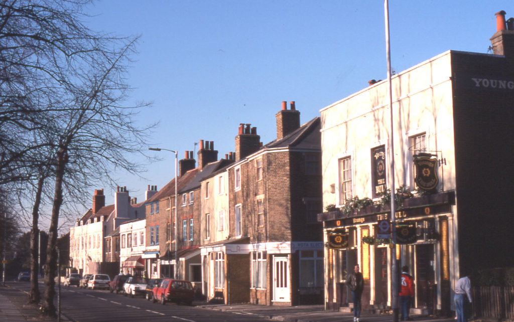 Nos. 34- Church Road, Mitcham, Surrey CR4. The Bull Inn on right.
