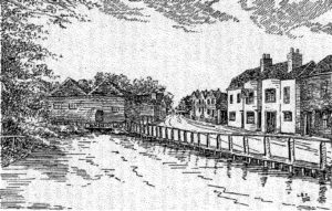 Engraving of the Copper Mills and King's Head, Merton, from W H Chamberlain 'Reminiscences of Old Merton', published 1925.