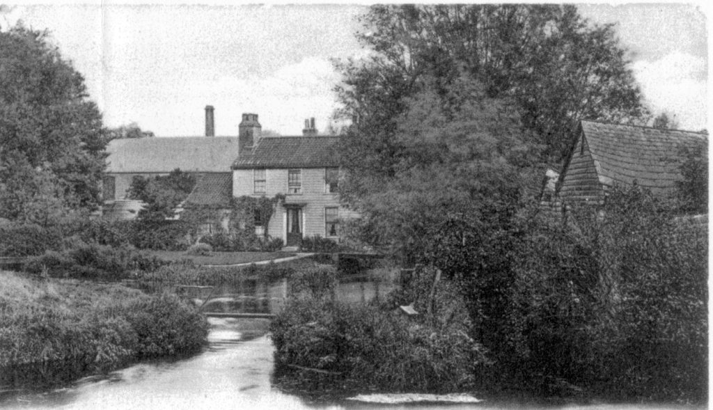 Crown Mill (left), Wandle Cottage (475 London Road), and Morden Snuff Mill (right) Mitcham. Undated postcard.