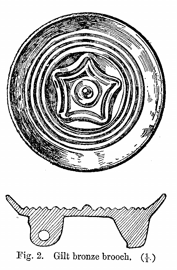 Anglo-Saxon Cemetery, Mitcham: gilt bronze brooch (from H F Bidder Surrey Archaeological Collections 21 (1908) p.5)