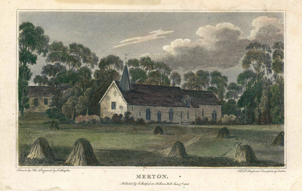 Merton Church, 'Merton Church, Drawn by Ellis & Engraved by F Haydon For Dr. Hughson's Description of London, Published by J. Stratford, 112, Holborn Hill June 7 1806.'