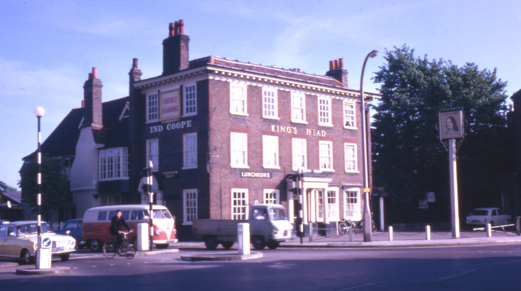 The Kings Head, 315 London Road, (at Mitcham Cricket Green), Mitcham, Surrey CR4. Looking south-east. In 1975 it was re-named Burn Bullock.