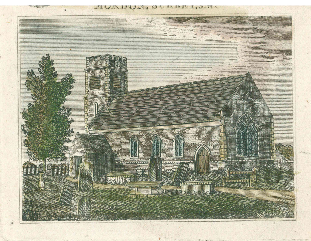 Hand-tinted engraving of St Lawrence Church, Morden.